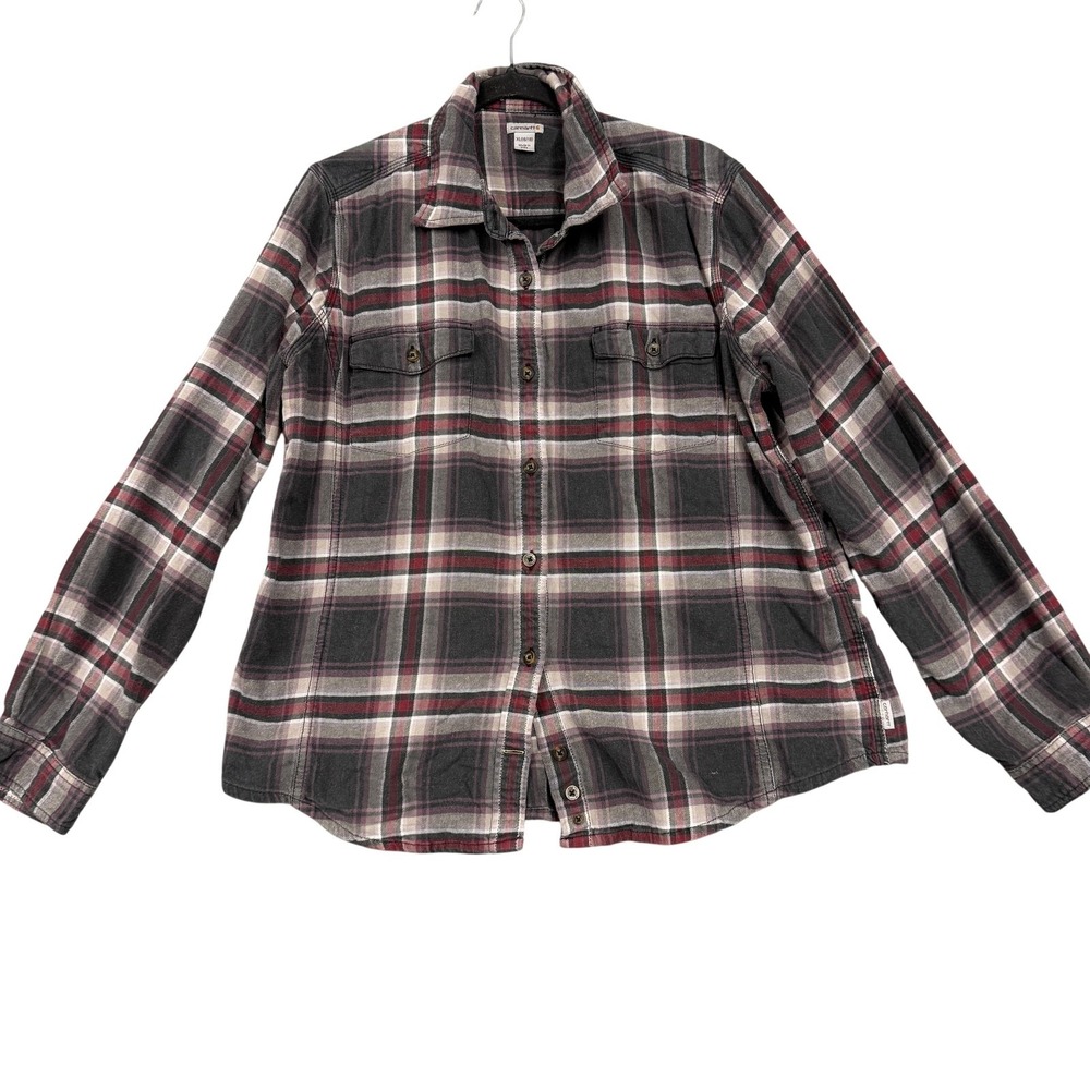 Carhartt Shirt Boys 16-18 Gray Plaid Flannel Button Front Long Sleeve Stretch